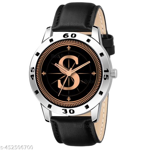 Gadgets WorldAnalog Round Black Dial ALPHABET S Design Stylish Black Leather Strap Classic Design Fancy Wrist Watch for Men and Boys, Pack of 1 - ALPHA-S-AVO-SIL-BLK-L -1