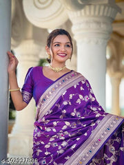 Soft Banarasi silk saree with zari weaving Meenakari touchup design all over the saree & Meenakari weawing Rich pallu with Meenakari weawing border & Tessell attached at Pallu End.