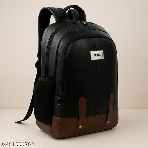 Size: M (15-30L) Zerus Black PU Leather Laptop Backpack 15.6” Office College Travel Bag for Men & Women