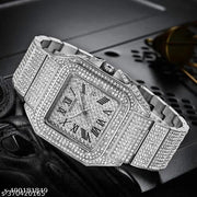 Htm Men's Fashion Crystal Luxury Big Face Square Full Bling Iced Diamond Bracelet Analog Watch - Silver