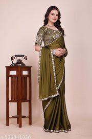 Women's Mehendi Green Heavy Embroidered Silk Saree with Cutwork Border & Figure Designer Blouse Piece