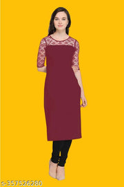 Casual American Crepe And Net Round-Neck 3/4 Length Sleeves Maroon Kurti (42"Inches)