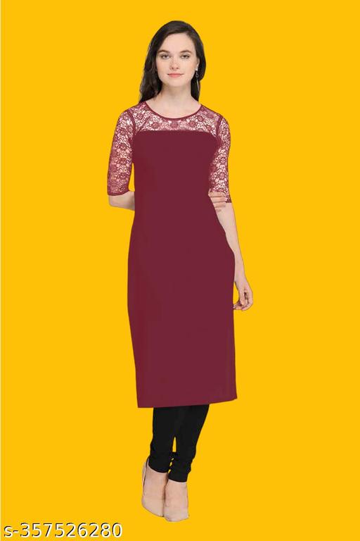 Casual American Crepe And Net Round-Neck 3/4 Length Sleeves Maroon Kurti (42"Inches)