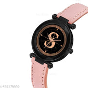 Krolexe Analog Round Black Dial ALPHABET S Design Stylish Peach Leather Strap Classic Design Fancy Wrist Watch for Women and Girls, Pack of 1 - ALP-S-GEN-BK-PCH-L