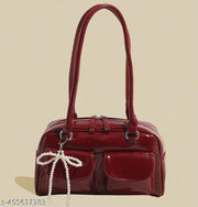 Maroon Double Pocket Decor Shoulder Bucket Bag With Pearl Keychain For Women