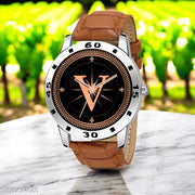 Femeo   Analog 9293  Watches Round Black Dial V Design Stylish Beige Leather Strap Classic Design Fancy Wrist Watch for Men and Boys, Pack of 1 - A07ZALPHA-V-AVO-SIL-TAN-CRL