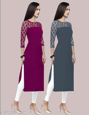 Pack of 1 Casual American Crepe And Net Round-Neck 3/4 Length Sleeves Wine & Grey Kurti (42"Inches)