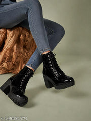 STRASSE PARIS | Women's Glossy Black Patent Lace-Up Platform Chunky Block Heel Ankle Boots | High Heel Synthetic Party & Casual Boots for Girls