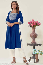 Glomee Presented Rayon Cotton Embroidery work Nayra cut kurta (BLUE)