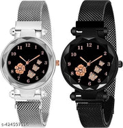 Pack Of 2 Black Flower Printed Dial Luxury Magnetic Strap Girls Analog Watch