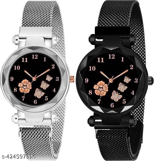 Pack Of 2 Black Flower Printed Dial Luxury Magnetic Strap Girls Analog Watch