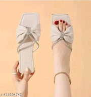 Women’s Cream Open-Back Flat Sandals | Stylish Faux Leather Gathered Bow Detail with Crystal Embellished Double Strap | Comfortable Slip-On Flats for Casual Wear, Parties, Weddings, Office, Shopping & Outings