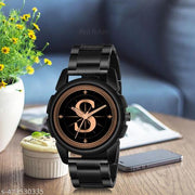 Prathshya Analog Round Black Dial ALPHABET S Design Stylish Black PUn Strap Classic Design Fancy Wrist Watch for Men and Boys, Pack of 1 - ALPHA-S-J16-BLK-CDBLK