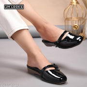 JM Looks Women's Glossy Patent Slip-On Mules with Bow Detail Flat Sandal Comfortable Cushion Footbed for Office Party & Casual Wear- Black