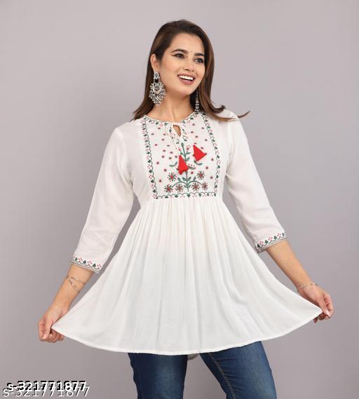Women Rayon Emb Stylish Sky Blue Top & Tunics, Frock_Top,Kurti_Top