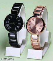 New Ethnic Solid Black Rosegold Metal Belt Analog Watches Combo for Women