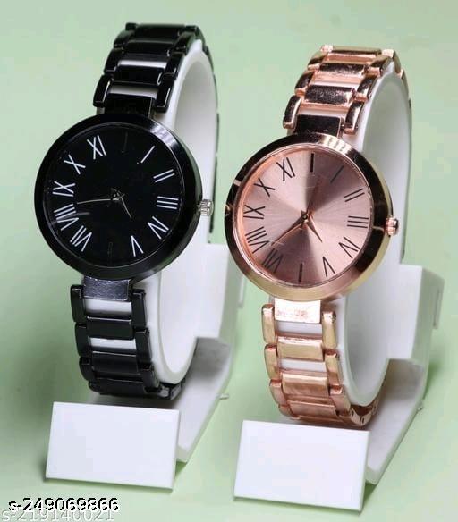 New Ethnic Solid Black Rosegold Metal Belt Analog Watches Combo for Women