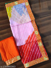 ASTEYAM NEW COLLECTIONS WITH GOTTA BORDER TRADITIONAL COLOURS.GEORGETTE SAREE ..AWESOME QUALITY.BEAUTIFULL LAHERIA ALL OVER SAREE, WITH FULL FINISH BOUTIQUE LOOK.LINKED WITH GOTTA BORDERS.UNSTITCHED BLOUSE.