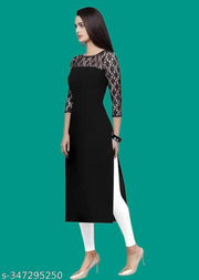 Casual American Crepe And Net Round-Neck 3/4 Length Sleeves Black Kurti (45"Inches)
