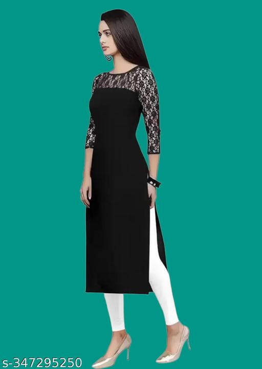 Casual American Crepe And Net Round-Neck 3/4 Length Sleeves Black Kurti (45"Inches)