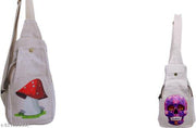 Off White Canvas Sling Bag with Red Mushroom & Purple Floral Skull Print | Unisex Crossbody Shoulder Bag for Women & Men | Casual Travel College Office Multipurpose Adjustable Strap Bag
