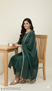 Women’s Deep Green Slub Cotton Kurta Set with Sequin Work and Striped Trousers....