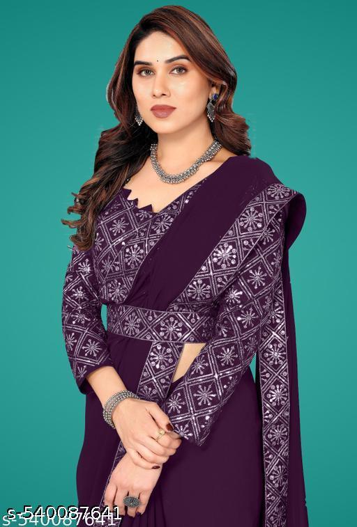 Silkra Glam Thread Embroidered Lace Plain Saree With Work Blouse And Belt