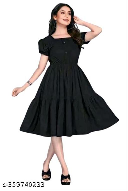 Women Rayon Solid A-Line Flared Kurti | Stylish Puff Sleeve One Piece Dress| Party Wear Dress Under 199 | Black