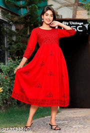 Women RED  Rayon Hand Block Print Detail Anarkali Kurti