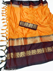 Mira Pattu Cotton Silk Saree With Running Blouse Piece (Chiku & Brown)
