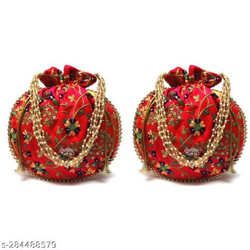 Foxtree 2 Pcs Indian Handmade Embroidered Potli Combo For Womens & Girls Wristlets Handbags To Carry In Parties, Weddings And Social Events Purses.