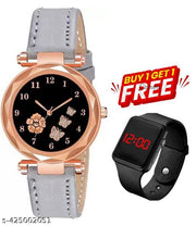 Black Printed Dial Lathers Strap Girls Analog Watch - For Girls