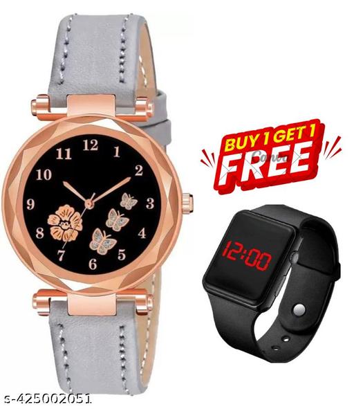 Black Printed Dial Lathers Strap Girls Analog Watch - For Girls