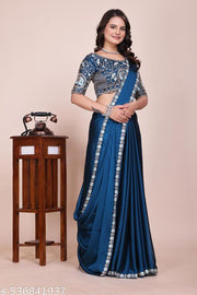 Women's Blue Heavy Embroidered Silk Saree with Cutwork Border & Figure Designer Blouse Piece