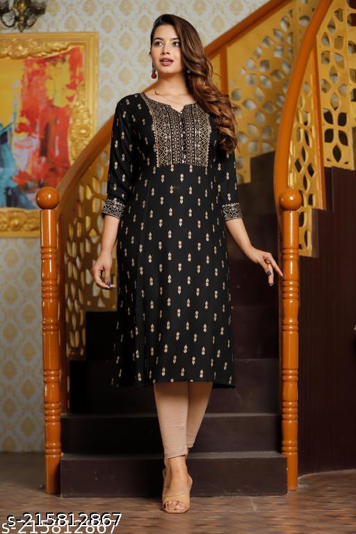 Kurti Womens | Rayon Kurti | A-line Kurti | ( Black )