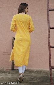 Women Leheriya Print A-Line Cotton Yellow Kurti