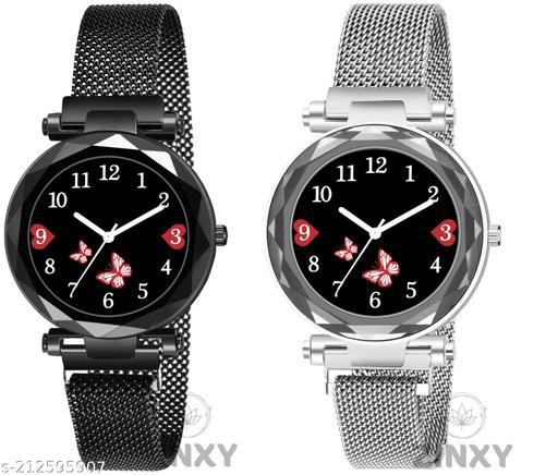 butterfly Dial Black combo Luxury Mesh Magnet Buckle Watches For girls Fashion Mysterious Lady Analog Watch for girls and women Analog Watch