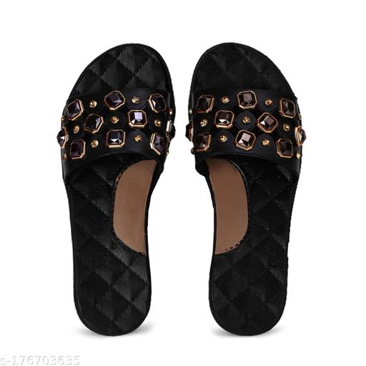 Begins Life Women's Slippers Indoor House or Outdoor Latest Fashion Stone Flipflop Slipper for women & Girls (Black)