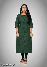 Women Embroidered Cotton Blend A-line Green Kurta |Three-Quarter Sleeves| Plus Size Kurta