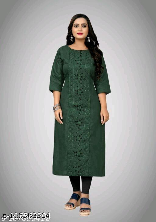 Women Embroidered Cotton Blend A-line Green Kurta |Three-Quarter Sleeves| Plus Size Kurta