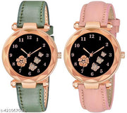 Analogue New Flower Print Dial Lathers Strap Girls and Womans Watches(green&Pink)