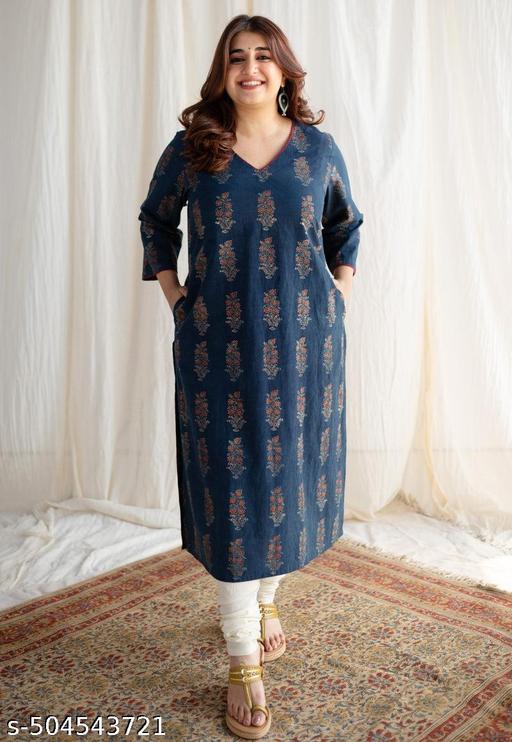 Indigo Ajrakh HandBlock Printed Cotton Kurta With Pockect