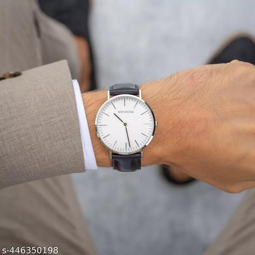 Slim white dial leather belt analog watch for mens