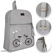 Stylish Grey Backpack for Girls & Women | Bicycle Print Casual School & College Bag | Lightweight Daily Use Travel Backpack