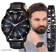 King Bracelt and Luxury Black lather Designer Watch Combo King Bracelet Designer Lather Strap Stylish Sport Look Boys watch for men Analog Watch - For Men"