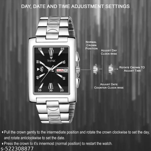 THYNK black Dail Trending Square Series | Working Day and Date | Stainless Steel ADJUSTABLE CHAIN Analog Watch - For Men