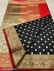 Women Banarasi Satin Silk Saree | Black Saree with Zari Work & Golden Border | Wedding & Festive Wear
