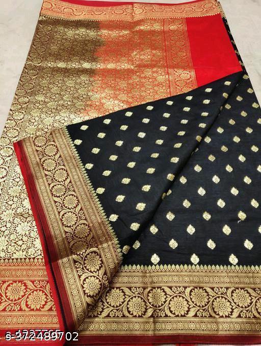 Women Banarasi Satin Silk Saree | Black Saree with Zari Work & Golden Border | Wedding & Festive Wear
