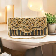 Fancy women black embroidered clutch