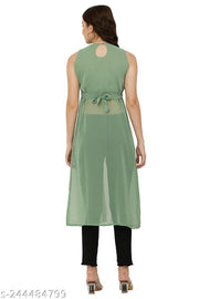 Shimao Women's Solid Georgette Front High-Slit Sleeveless Long Kurti